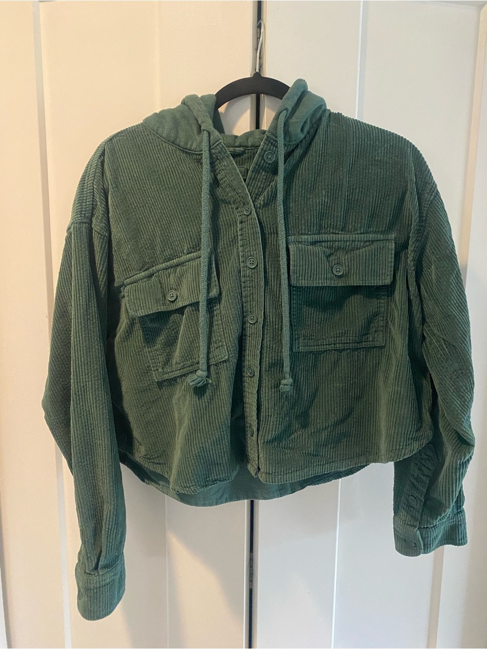 American Eagle Teal Green Corduroy Hooded Button-Up